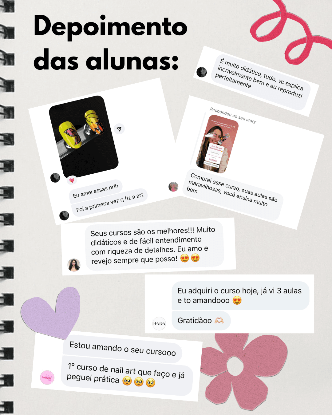 Painel com depoimentos das alunas do curso Nail Art na Prática