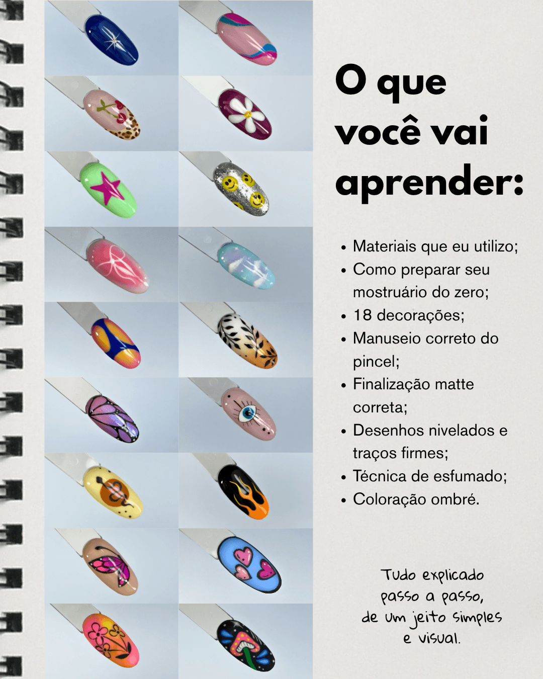 Painel mostrando o que a aluna vai aprender no curso Nail Art na Prática