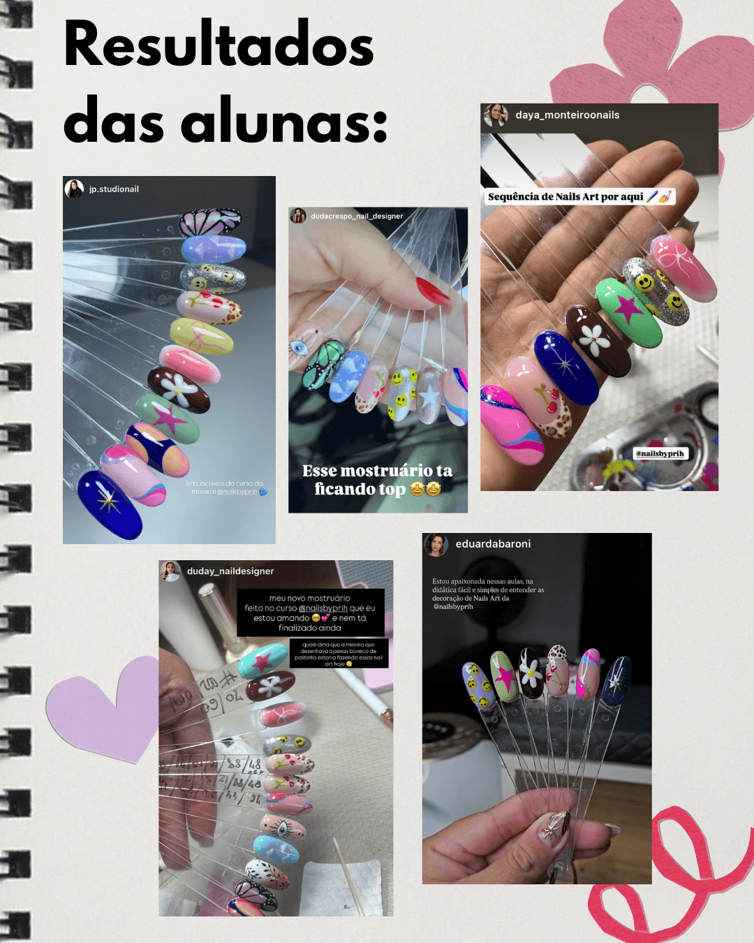 Painel com resultados reais das alunas do curso Nail Art na Prática